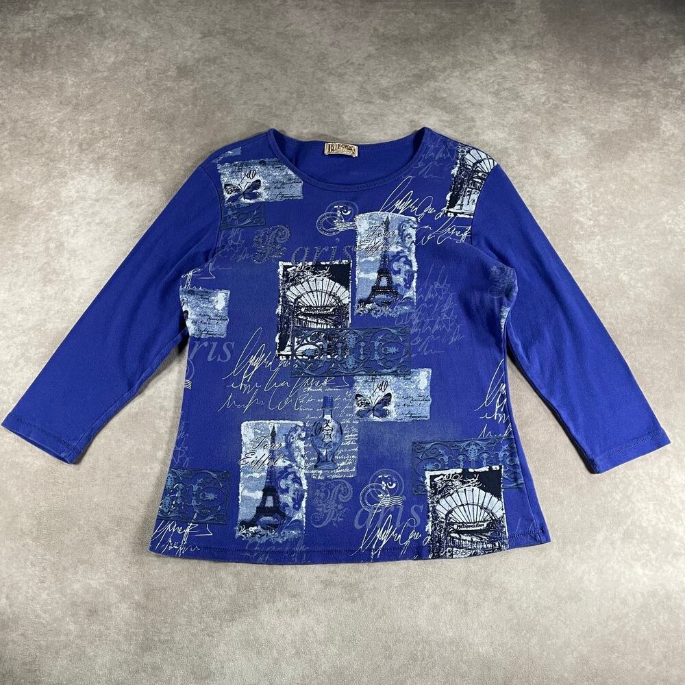 Y2K Whimsy Blue Canyon Women's Long Sleeve Top Paris Eiffel Tower Blue Size XL
